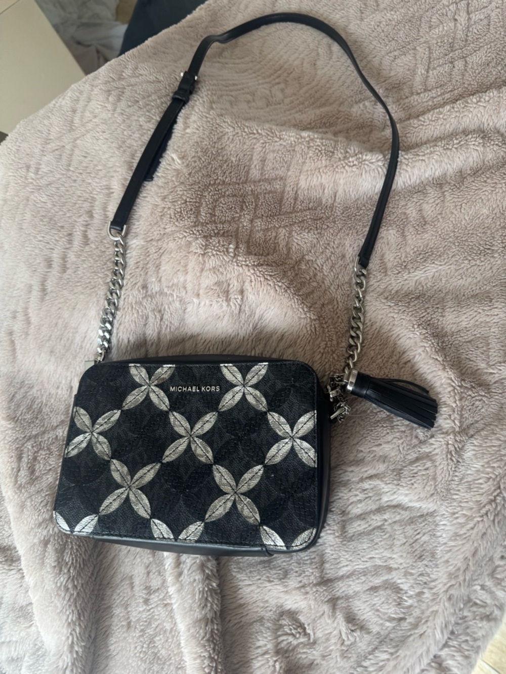 MICHAEL KORS Black and Silver Floral-Print Crossbody with Tassel